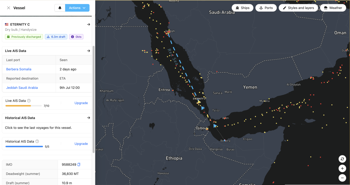 سفينة إيترنيتي سي  كانت متجهة إلى ميناء جدة وليس إلى إيلات